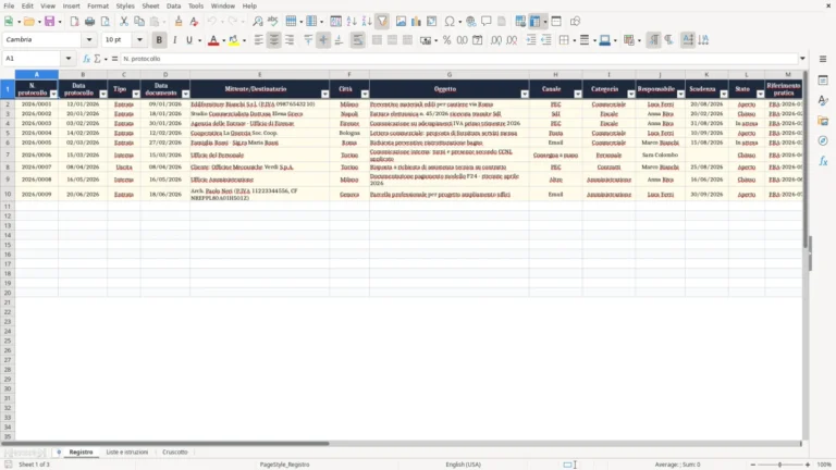 Anteprima di Registro di protocollo della corrispondenza in Excel