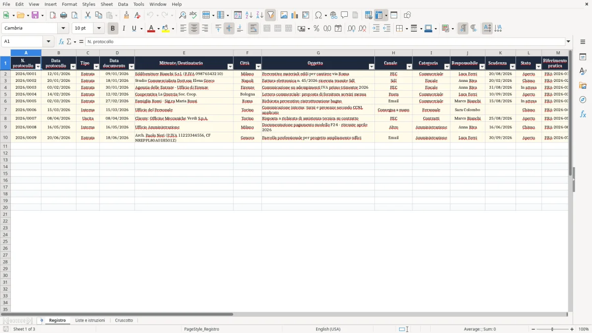 Anteprima del modello Excel Modello Excel gratuito per il registro di protocollo della corrispondenza — foglio Registro (immagine 1)