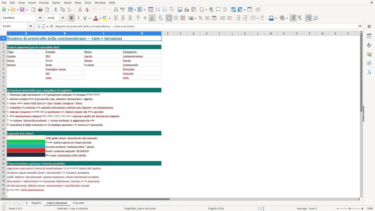 Anteprima del modello Excel Modello Excel gratuito per il registro di protocollo della corrispondenza — foglio Liste e istruzioni (immagine 2)