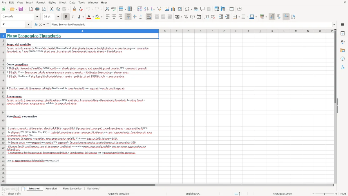 Anteprima del modello Excel Modello Excel per Piano Economico Finanziario — foglio Istruzioni (immagine 1)