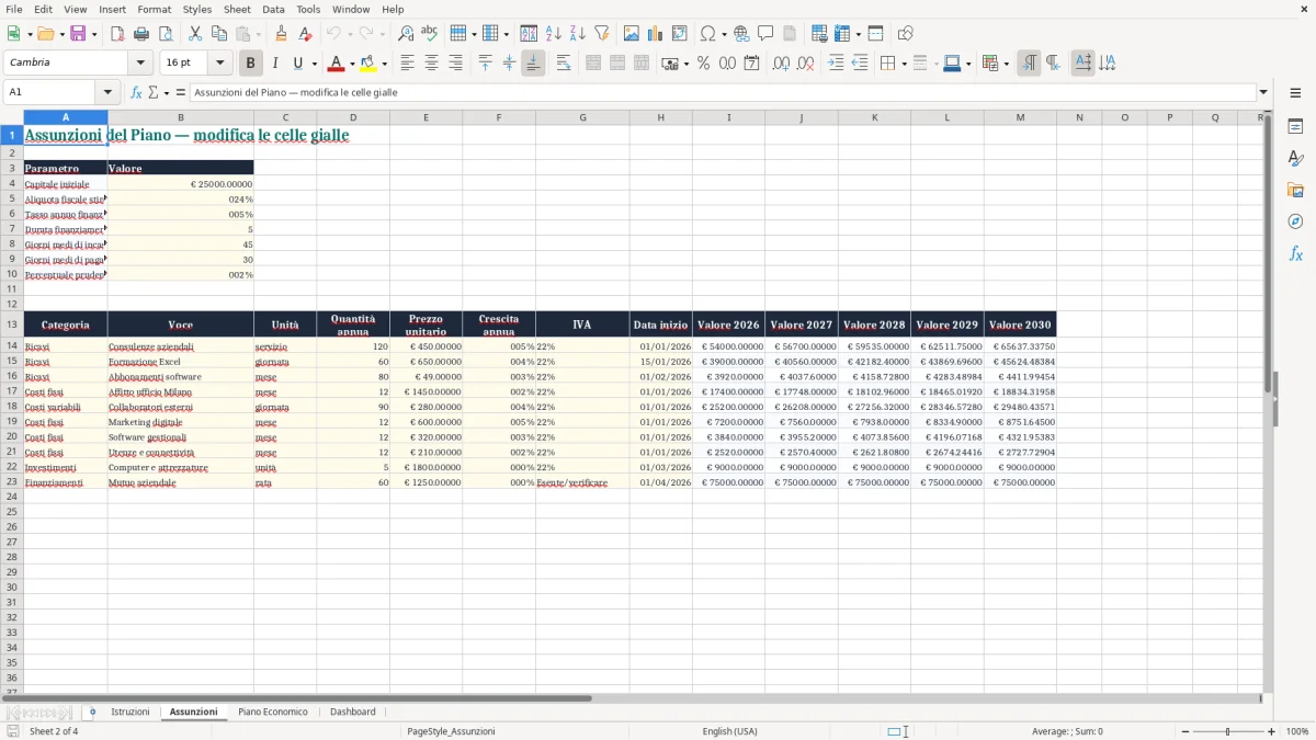 Anteprima del modello Excel Modello Excel per Piano Economico Finanziario — foglio Assunzioni (immagine 2)