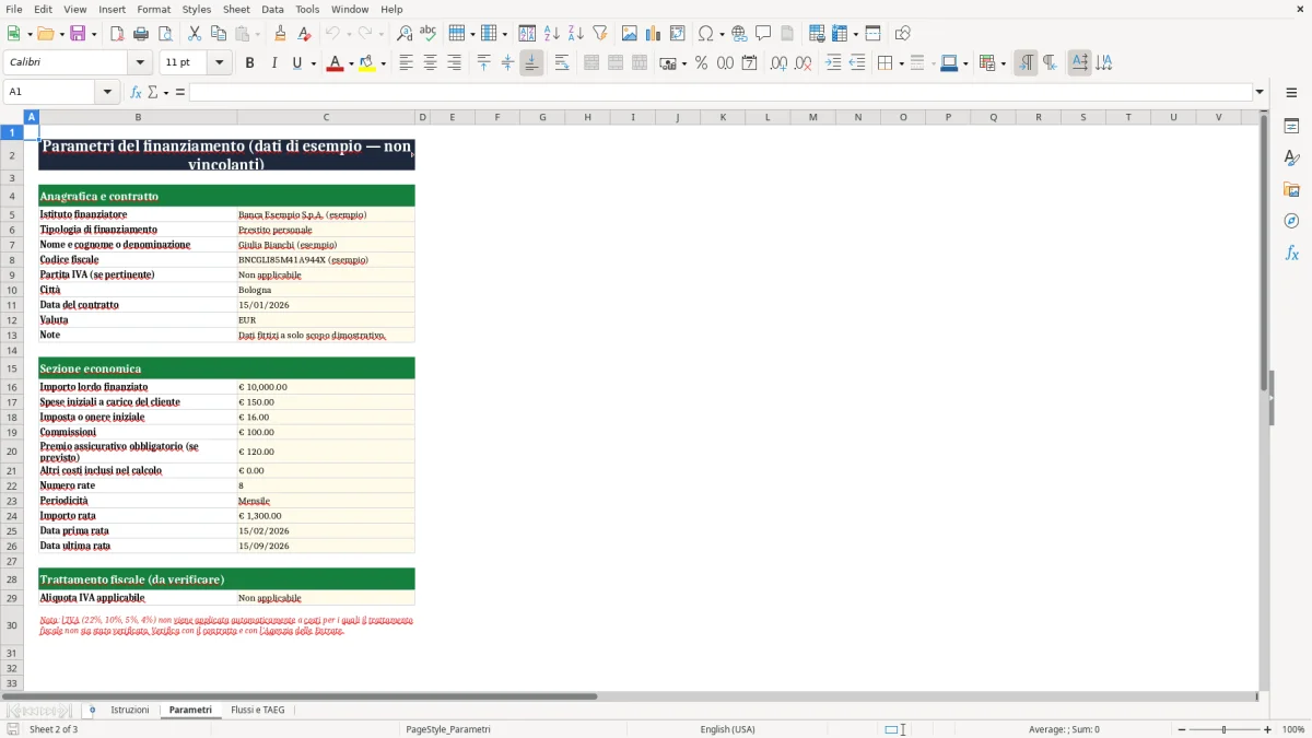 Anteprima del modello Excel Modello Excel per il Calcolo del TAEG — foglio Parametri (immagine 2)