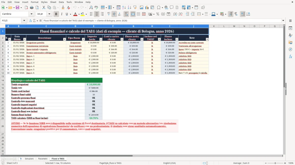 Anteprima del modello Excel Modello Excel per il Calcolo del TAEG — foglio Flussi e TAEG (immagine 3)