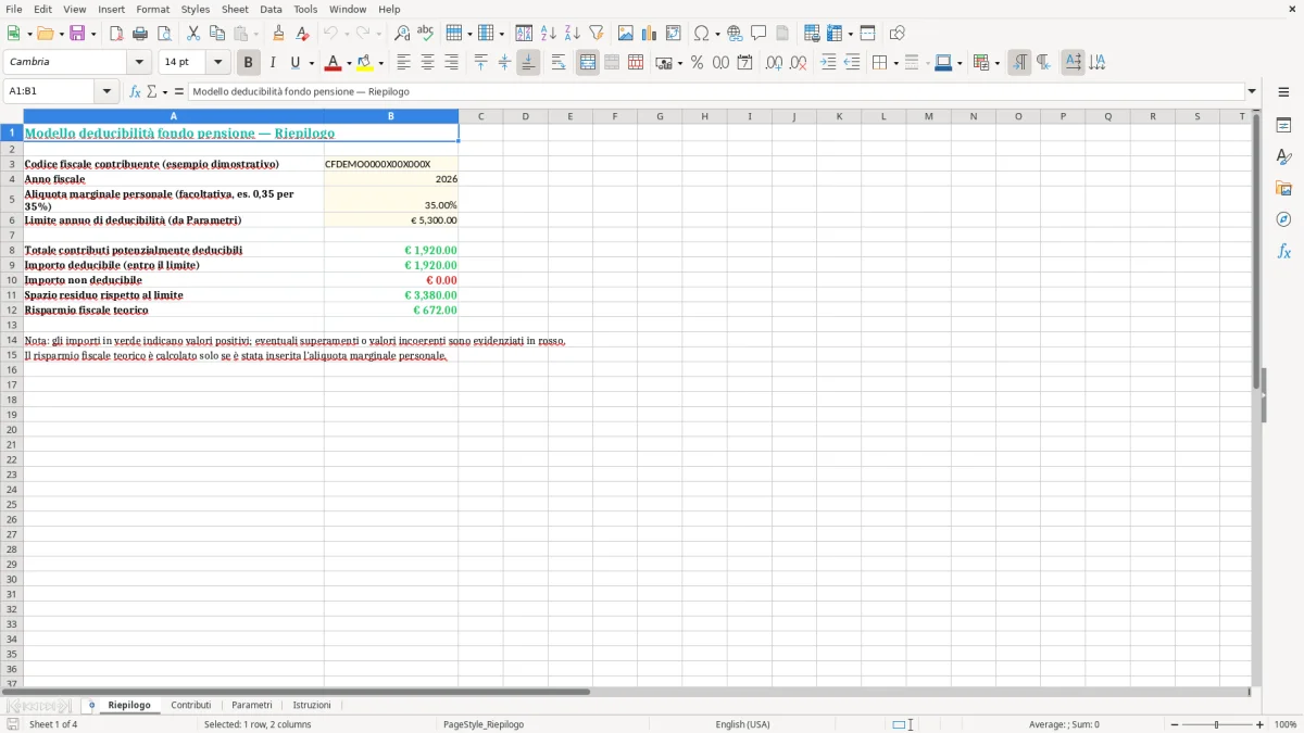 Anteprima del modello Excel Modello Excel per il Calcolo della Deducibilità del Fondo Pensione — foglio Riepilogo (immagine 1)