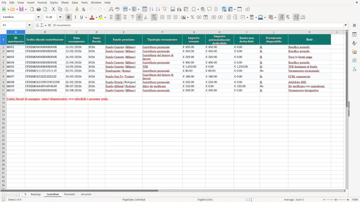Anteprima del modello Excel Modello Excel per il Calcolo della Deducibilità del Fondo Pensione — foglio Contributi (immagine 2)