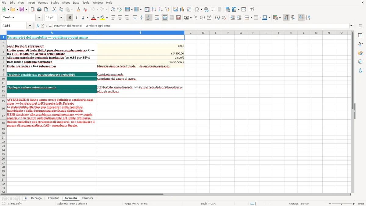 Anteprima del modello Excel Modello Excel per il Calcolo della Deducibilità del Fondo Pensione — foglio Parametri (immagine 3)