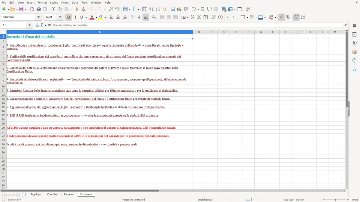 Anteprima del modello Excel Modello Excel per il Calcolo della Deducibilità del Fondo Pensione — foglio Istruzioni (immagine 4)