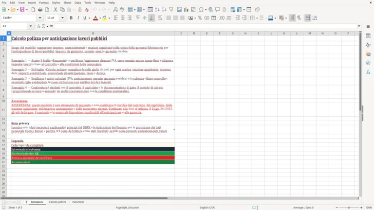 Anteprima di Calcolo della polizza per anticipazione nei lavori pubblici in Excel