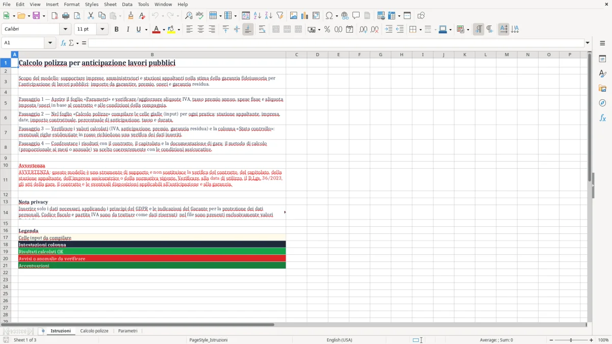 Anteprima del modello Excel Modello Excel per il calcolo della polizza anticipazione lavori pubblici — foglio Istruzioni (immagine 1)