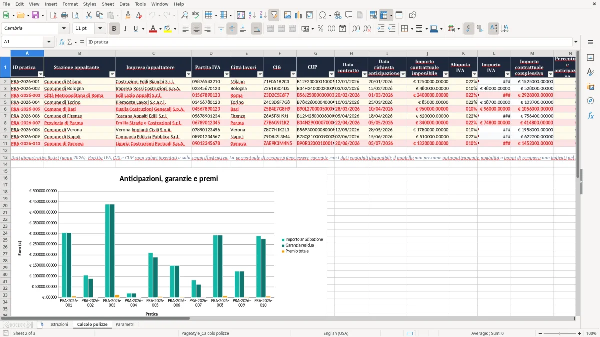 Anteprima del modello Excel Modello Excel per il calcolo della polizza anticipazione lavori pubblici — foglio Calcolo polizze (immagine 2)