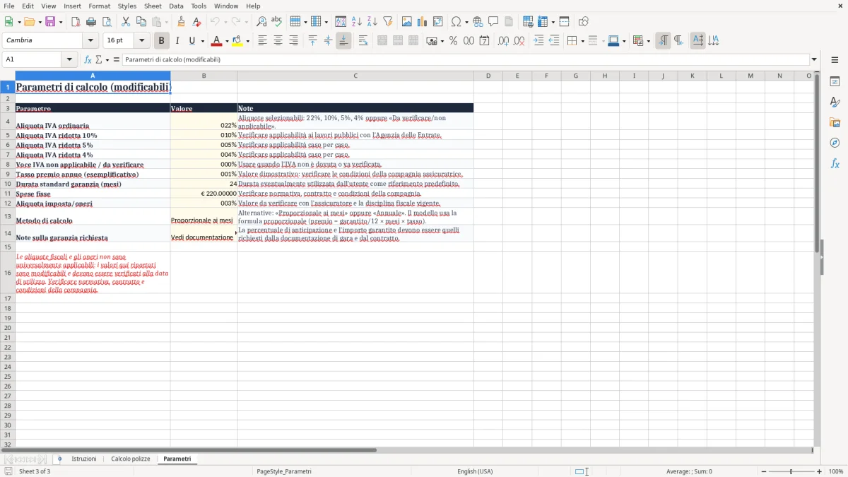 Anteprima del modello Excel Modello Excel per il calcolo della polizza anticipazione lavori pubblici — foglio Parametri (immagine 3)