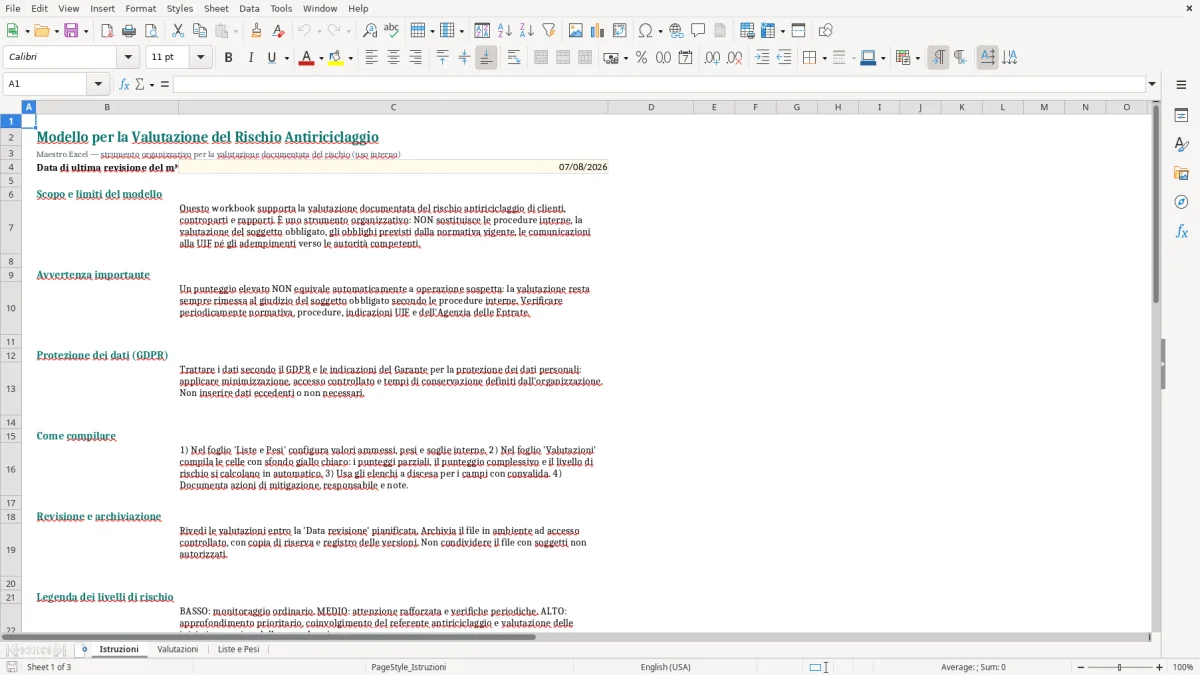 Anteprima del modello Excel Modello Excel per la Valutazione del Rischio Antiriciclaggio — foglio Istruzioni (immagine 1)