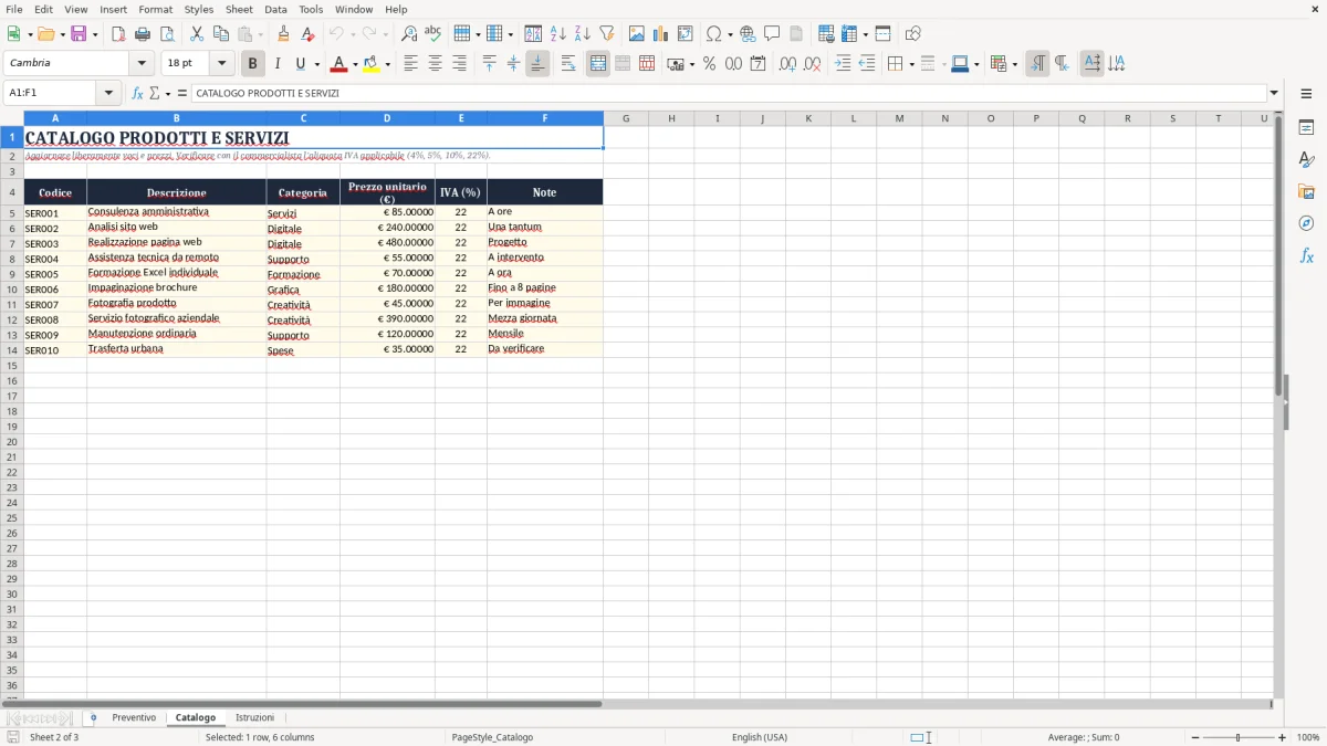 Anteprima del modello Excel Modello Gratuito di Preventivo Excel — foglio Catalogo (immagine 2)