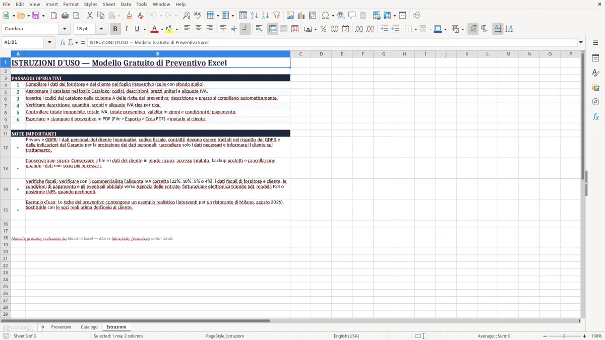 Anteprima del modello Excel Modello Gratuito di Preventivo Excel — foglio Istruzioni (immagine 3)