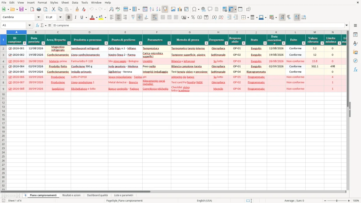 Anteprima del modello Excel Piano campionamenti qualità Excel — foglio Piano campionamenti (immagine 1)