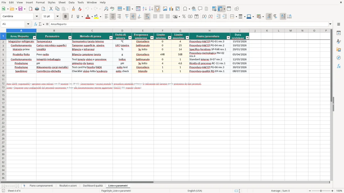 Anteprima del modello Excel Piano campionamenti qualità Excel — foglio Liste e parametri (immagine 4)