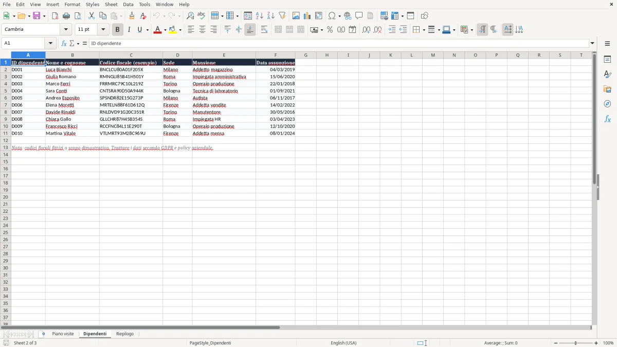 Anteprima del modello Excel Piano visite mediche dipendenti Excel — foglio Dipendenti (immagine 2)