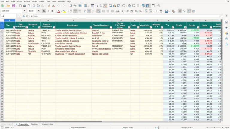 Anteprima di Prima nota in Excel per entrate, uscite e IVA