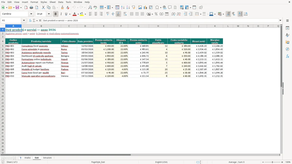 Anteprima del modello Excel Punto di pareggio in Excel — foglio Dati (immagine 2)