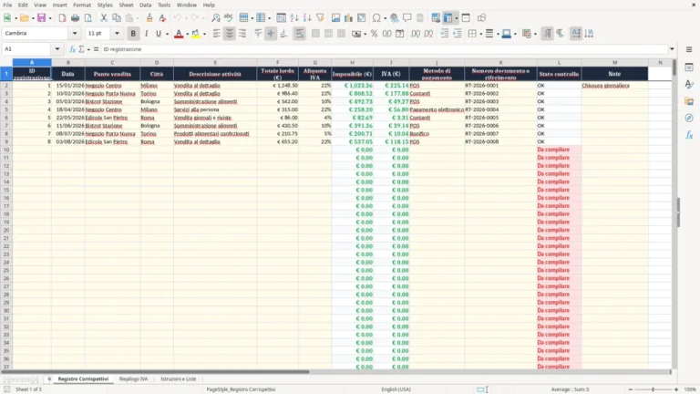 Anteprima di Registro dei corrispettivi in Excel
