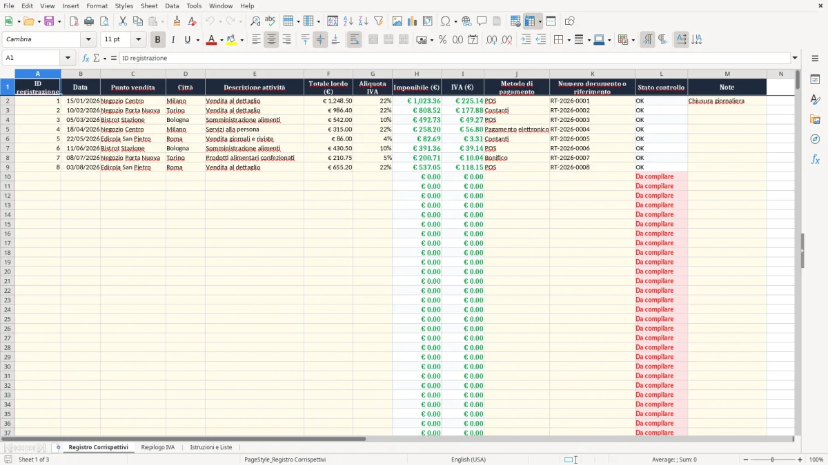 Anteprima del modello Excel Registro Corrispettivi Excel — foglio Registro Corrispettivi (immagine 1)