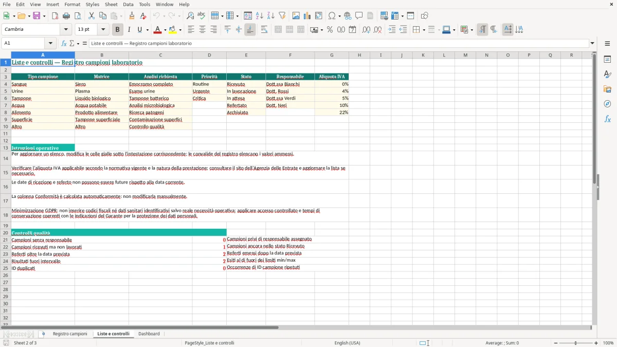 Anteprima del modello Excel Registro campioni laboratorio Excel — foglio Liste e controlli (immagine 2)