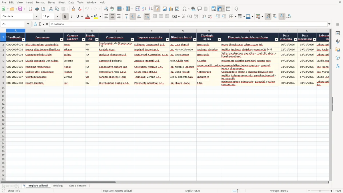 Anteprima del modello Excel Registro collaudi opere edili Excel — foglio Registro collaudi (immagine 1)