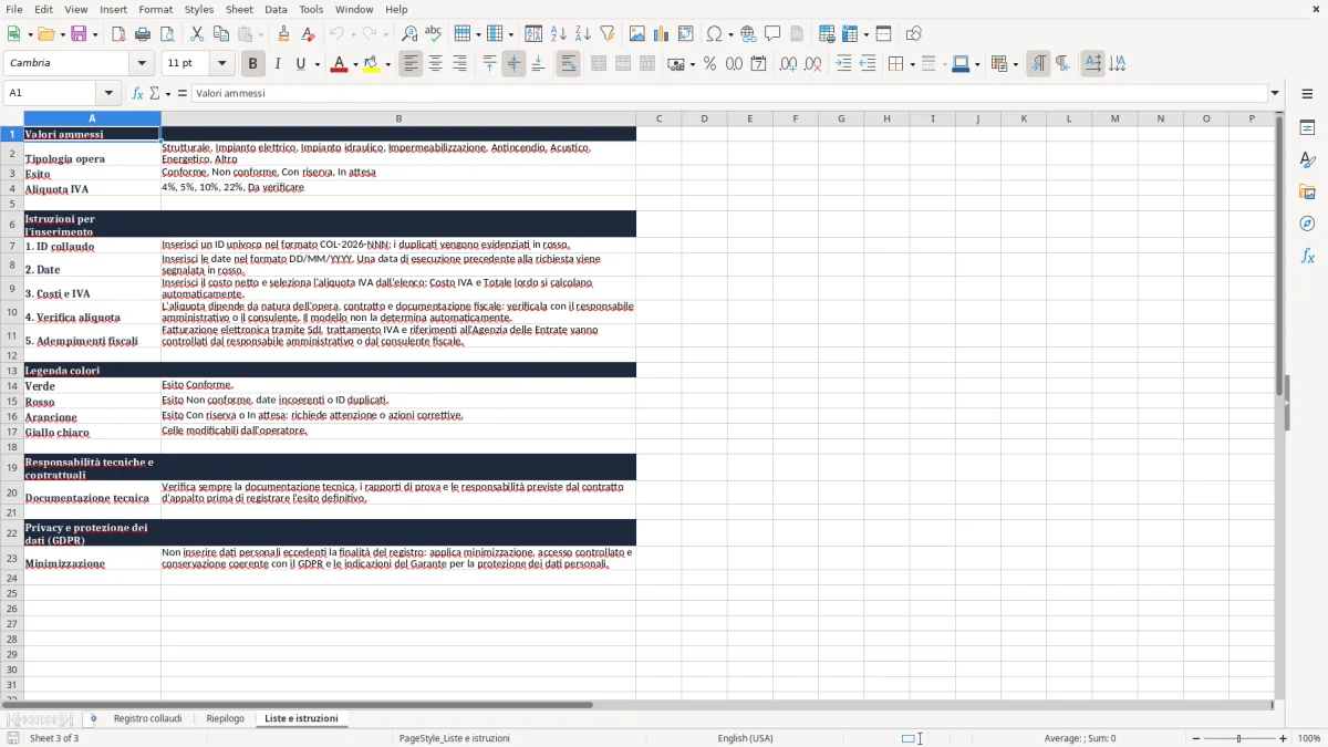 Anteprima del modello Excel Registro collaudi opere edili Excel — foglio Liste e istruzioni (immagine 3)