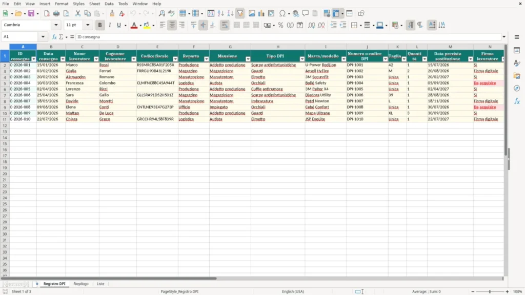 Anteprima del modello Registro consegna DPI Excel – Foglio Excel Gratis (2026)