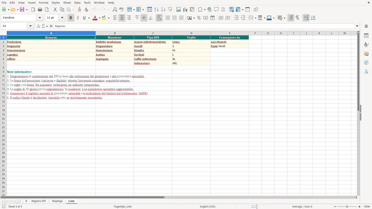 Anteprima del modello Excel Registro consegna DPI Excel — foglio Liste (immagine 3)