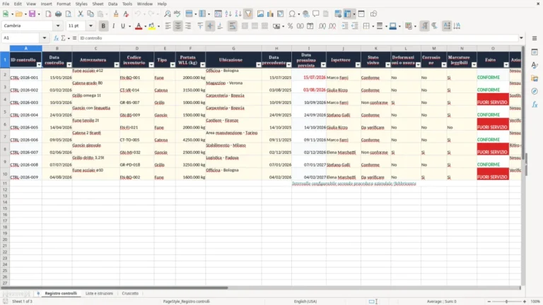 Anteprima di Controlli funi e catene Excel – Modello Gratis (2026)