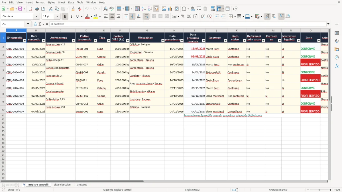 Anteprima del modello Excel Registro controlli funi e catene Excel — foglio Registro controlli (immagine 1)