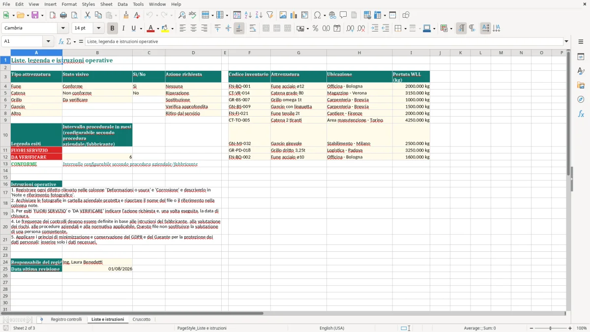 Anteprima del modello Excel Registro controlli funi e catene Excel — foglio Liste e istruzioni (immagine 2)