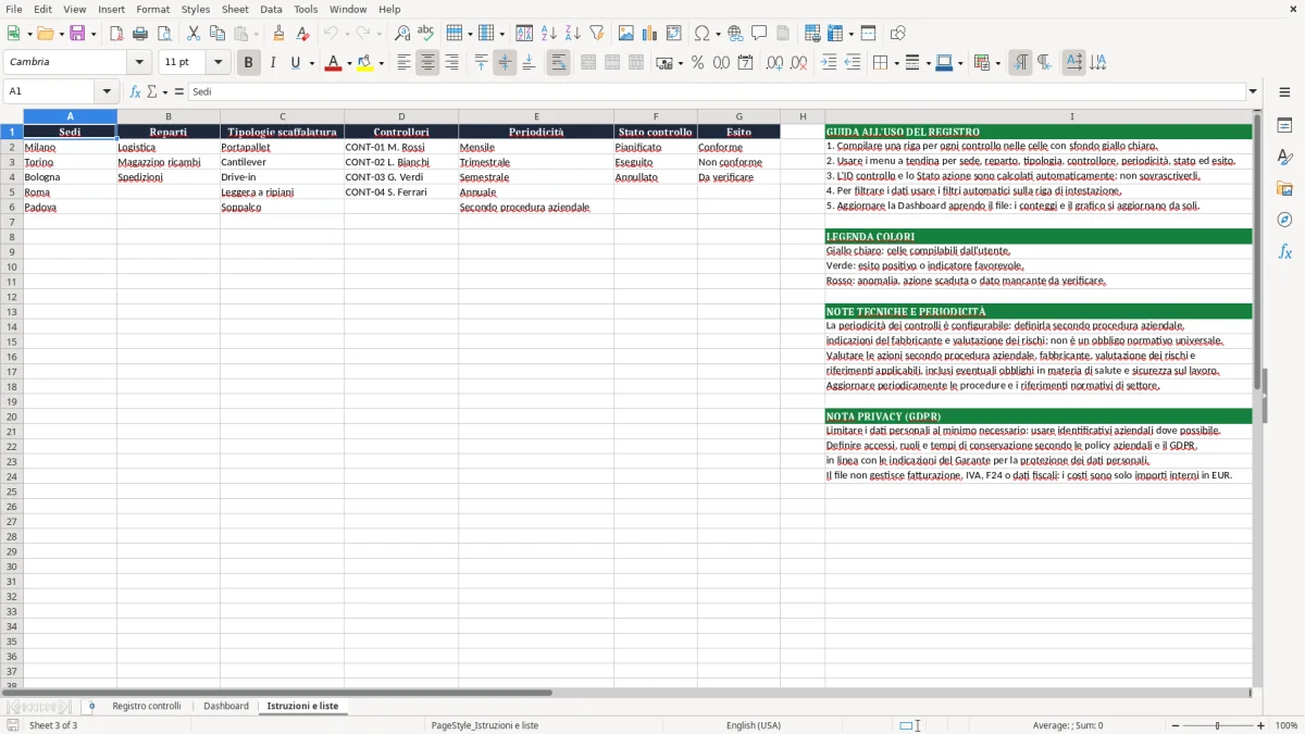Anteprima del modello Excel Registro controlli scaffalature Excel — foglio Istruzioni e liste (immagine 3)