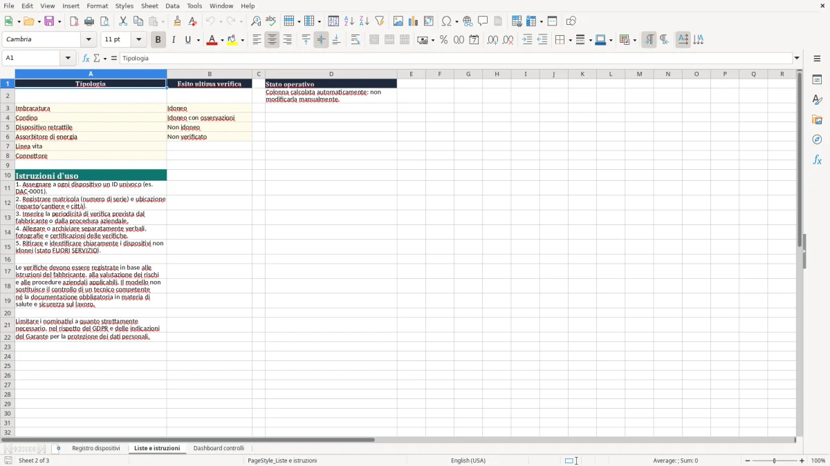 Anteprima del modello Excel Registro controllo dispositivi anticaduta Excel — foglio Liste e istruzioni (immagine 2)