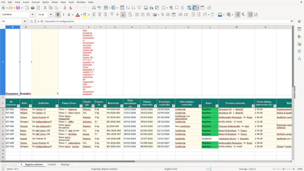 Anteprima del modello Registro controllo estintori Excel – Modello Gratis (2026)