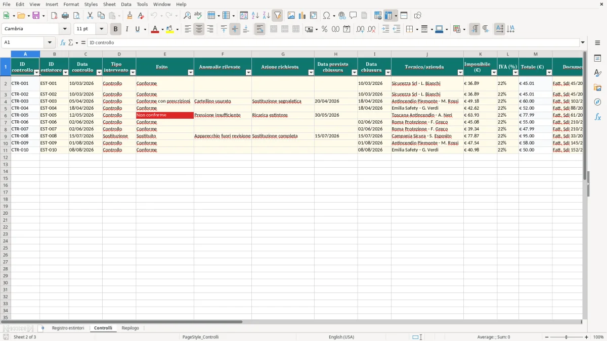 Anteprima del modello Excel Registro controllo estintori Excel — foglio Controlli (immagine 2)