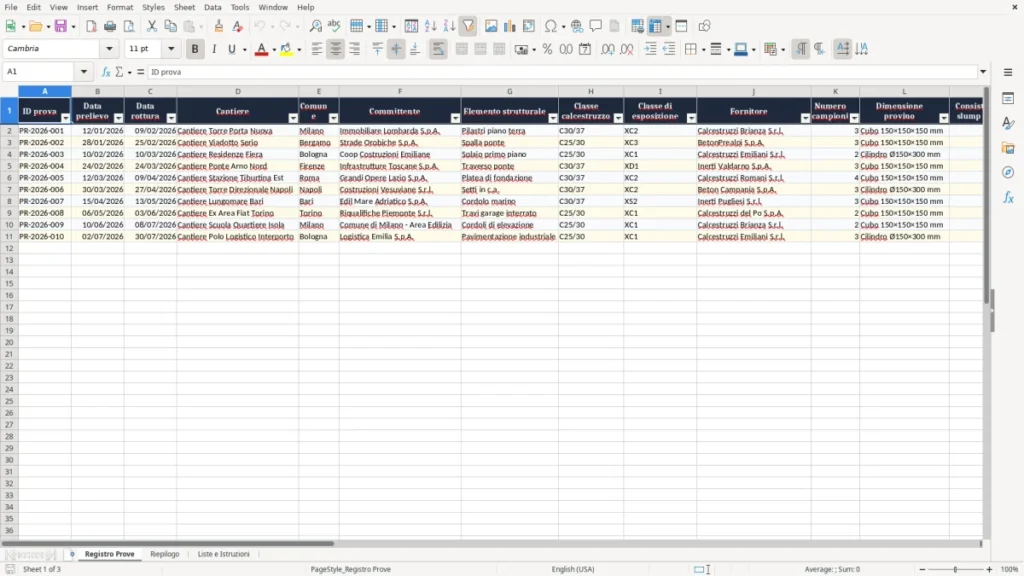 Anteprima del modello Registro prove calcestruzzo Excel – Modello Gratis (2026)