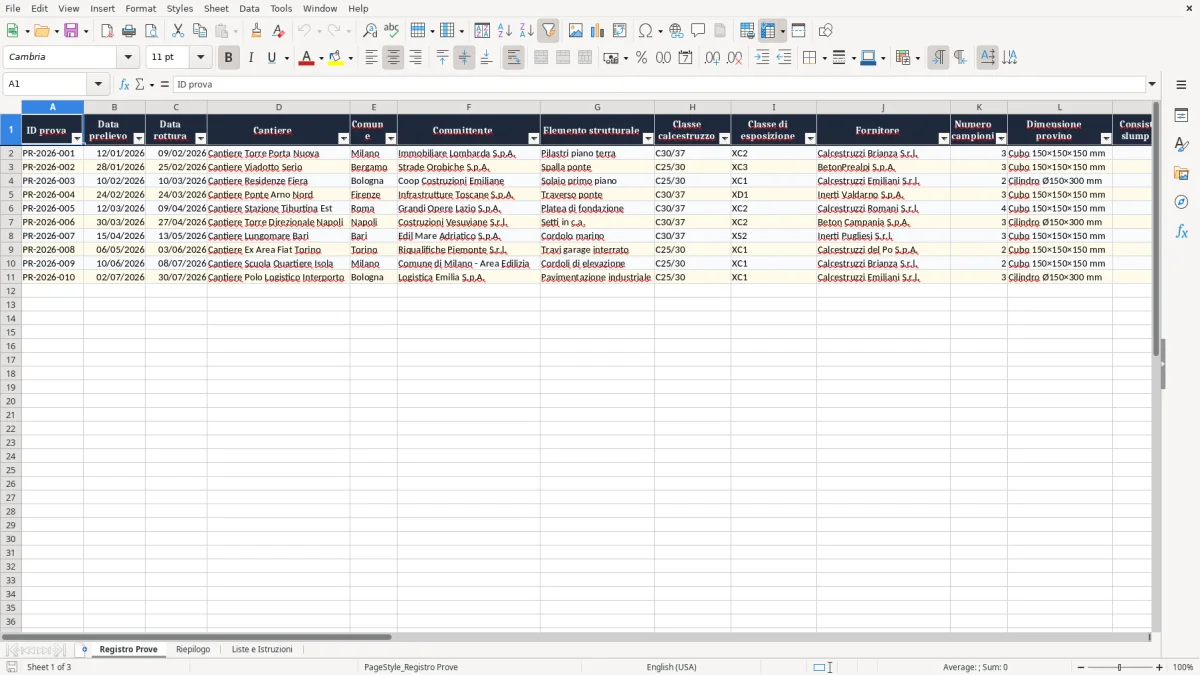 Anteprima del modello Excel Registro prove calcestruzzo Excel — foglio Registro Prove (immagine 1)