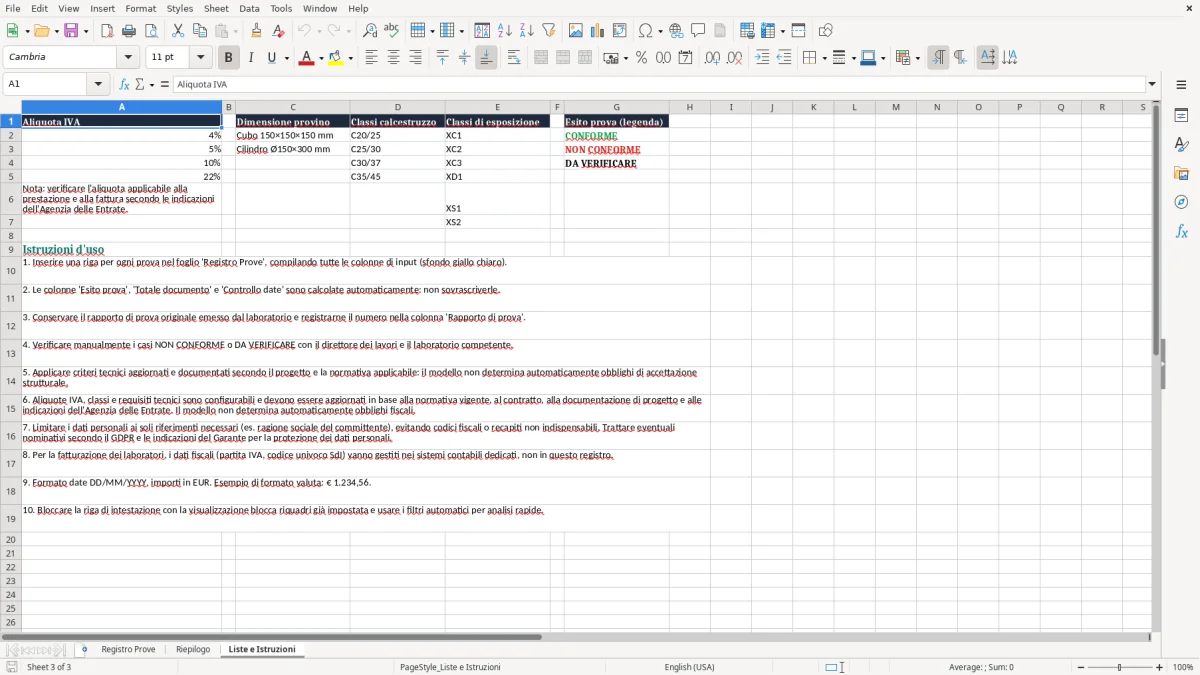 Anteprima del modello Excel Registro prove calcestruzzo Excel — foglio Liste e Istruzioni (immagine 3)