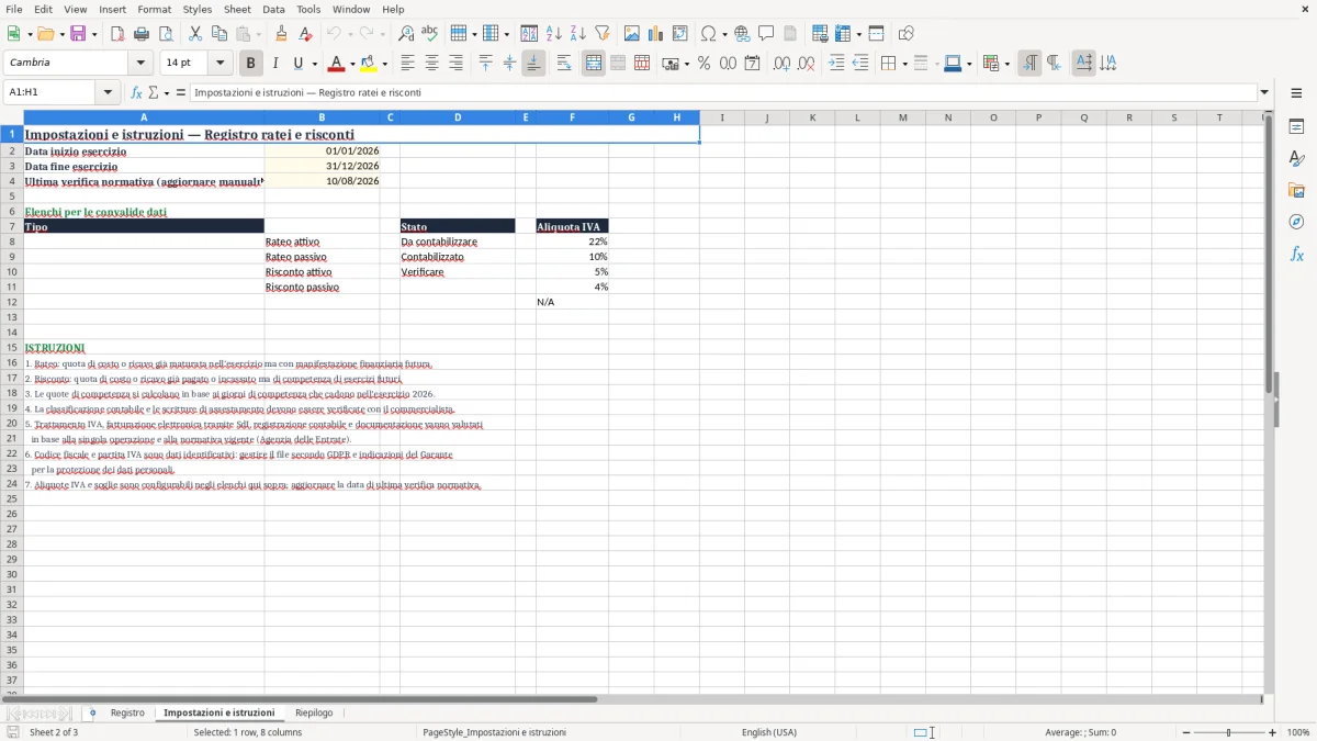 Anteprima del modello Excel Registro ratei e risconti Excel — foglio Impostazioni e istruzioni (immagine 2)
