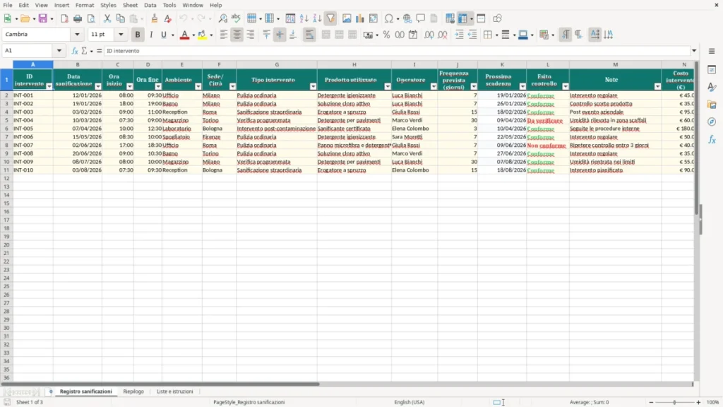 Anteprima del modello Registro sanificazione Excel – Modello Gratis (2026)