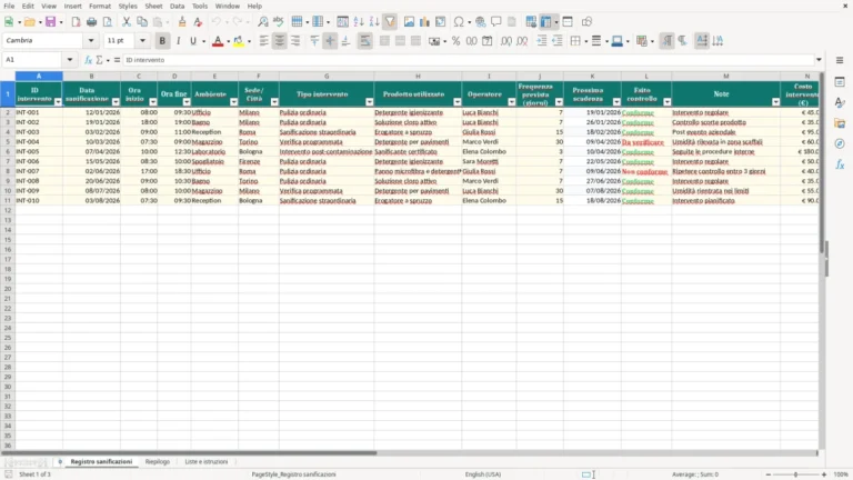Anteprima di Registro sanificazione Excel – Modello Gratis (2026)