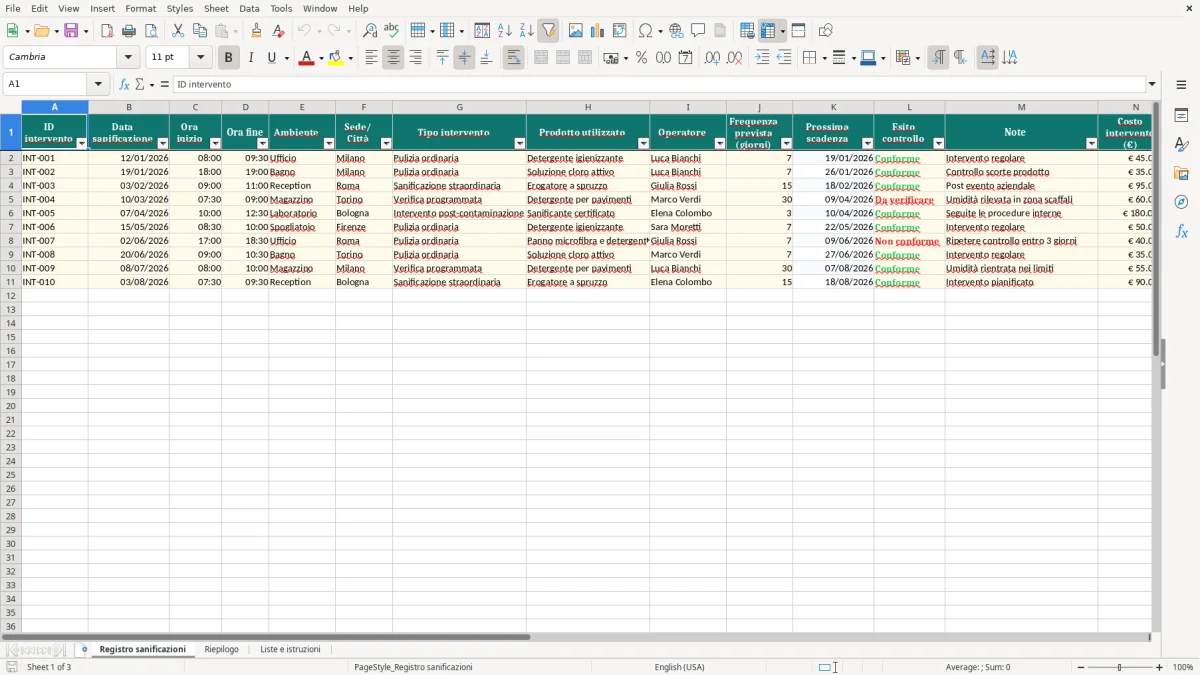 Anteprima del modello Excel Registro sanificazione ambienti Excel — foglio Registro sanificazioni (immagine 1)