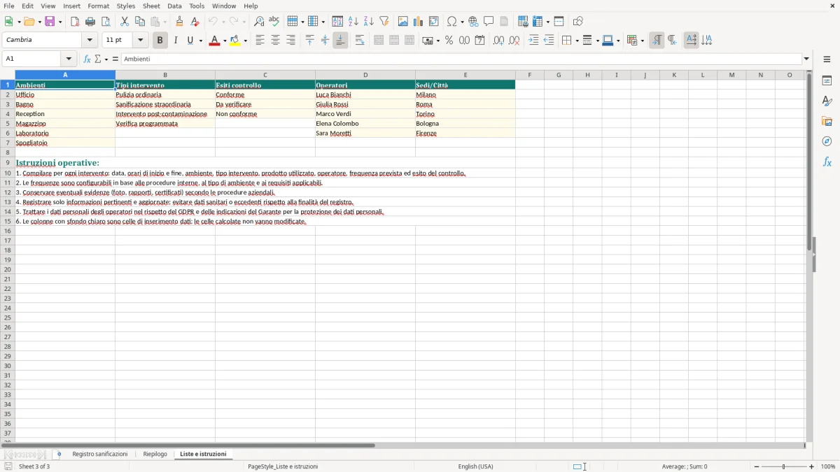 Anteprima del modello Excel Registro sanificazione ambienti Excel — foglio Liste e istruzioni (immagine 3)