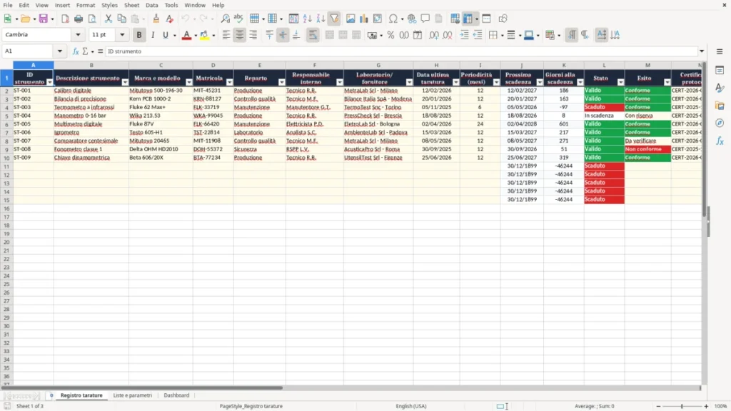 Anteprima del modello Registro tarature strumenti Excel – Modello Gratis (2026)