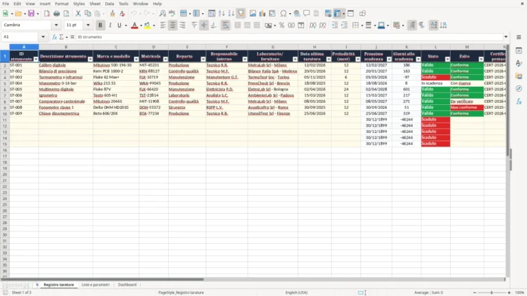 Anteprima di Registro tarature strumenti Excel – Modello Gratis (2026)