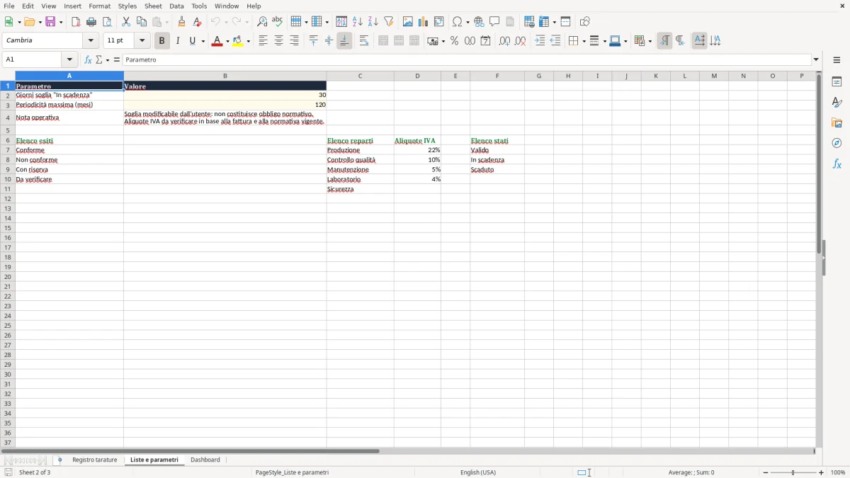 Anteprima del modello Excel Registro taratura strumenti Excel — foglio Liste e parametri (immagine 2)