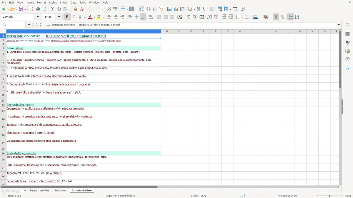 Anteprima del modello Excel Registro verifiche impianti elettrici Excel — foglio Istruzioni e liste (immagine 3)