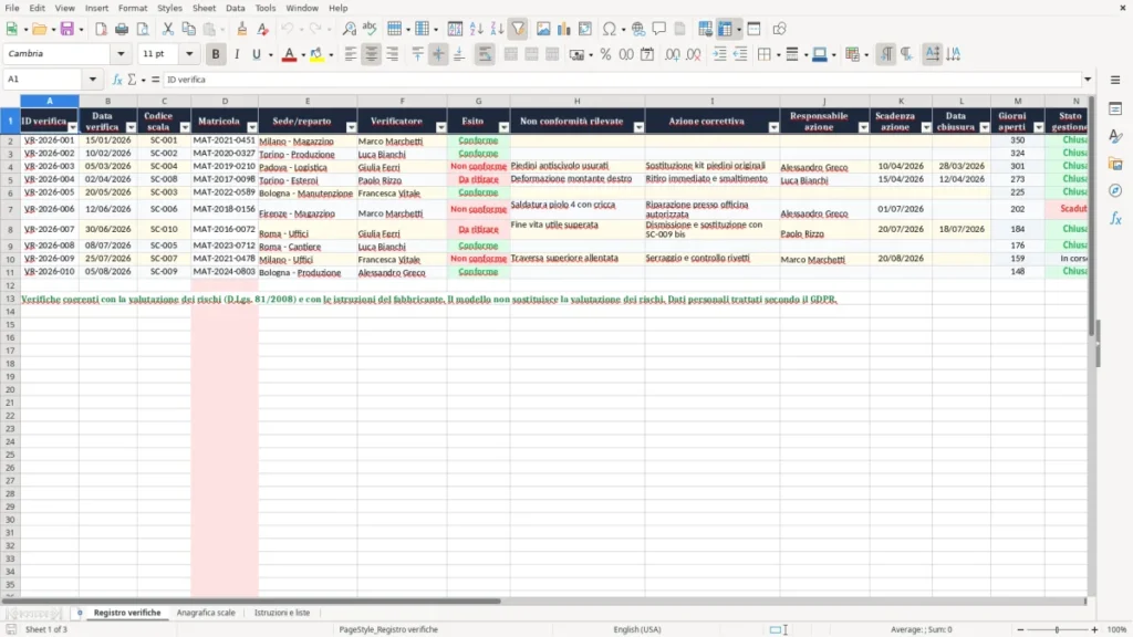 Anteprima del modello Registro verifiche scale Excel – Modello Gratis (2026)